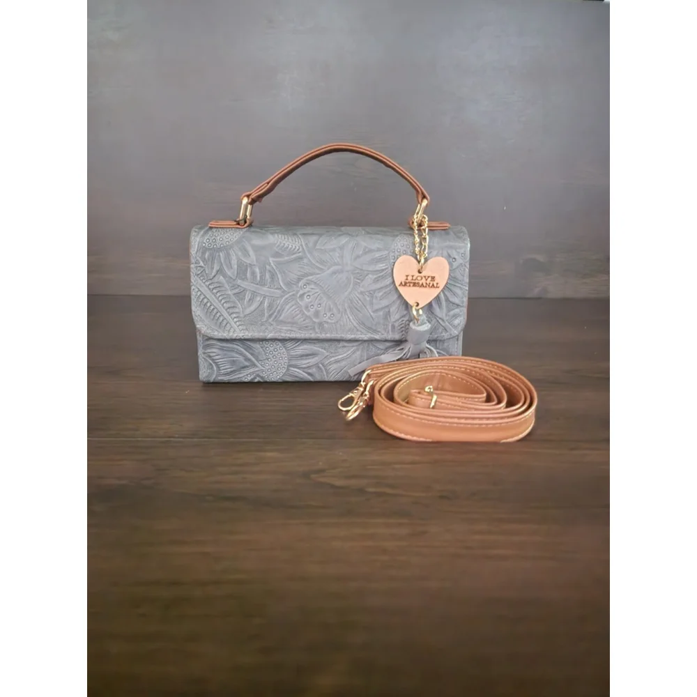 Light Blue Gray Sunflower Embossed Tooled Artisan LEATHER Crossbody Bag Purse - Picture 3 of 15